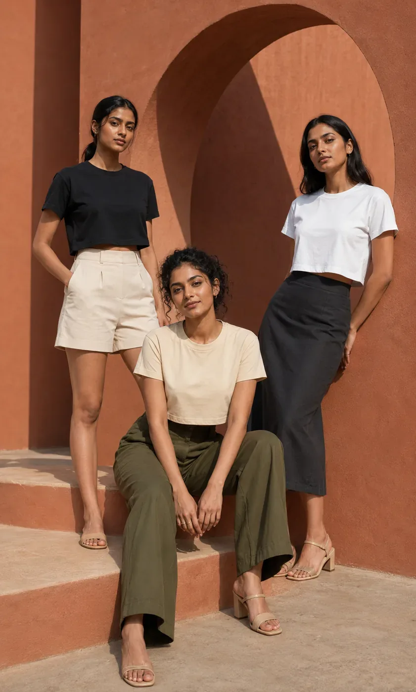 Crop Top Combo — White + Sandal + Black photoshoot image