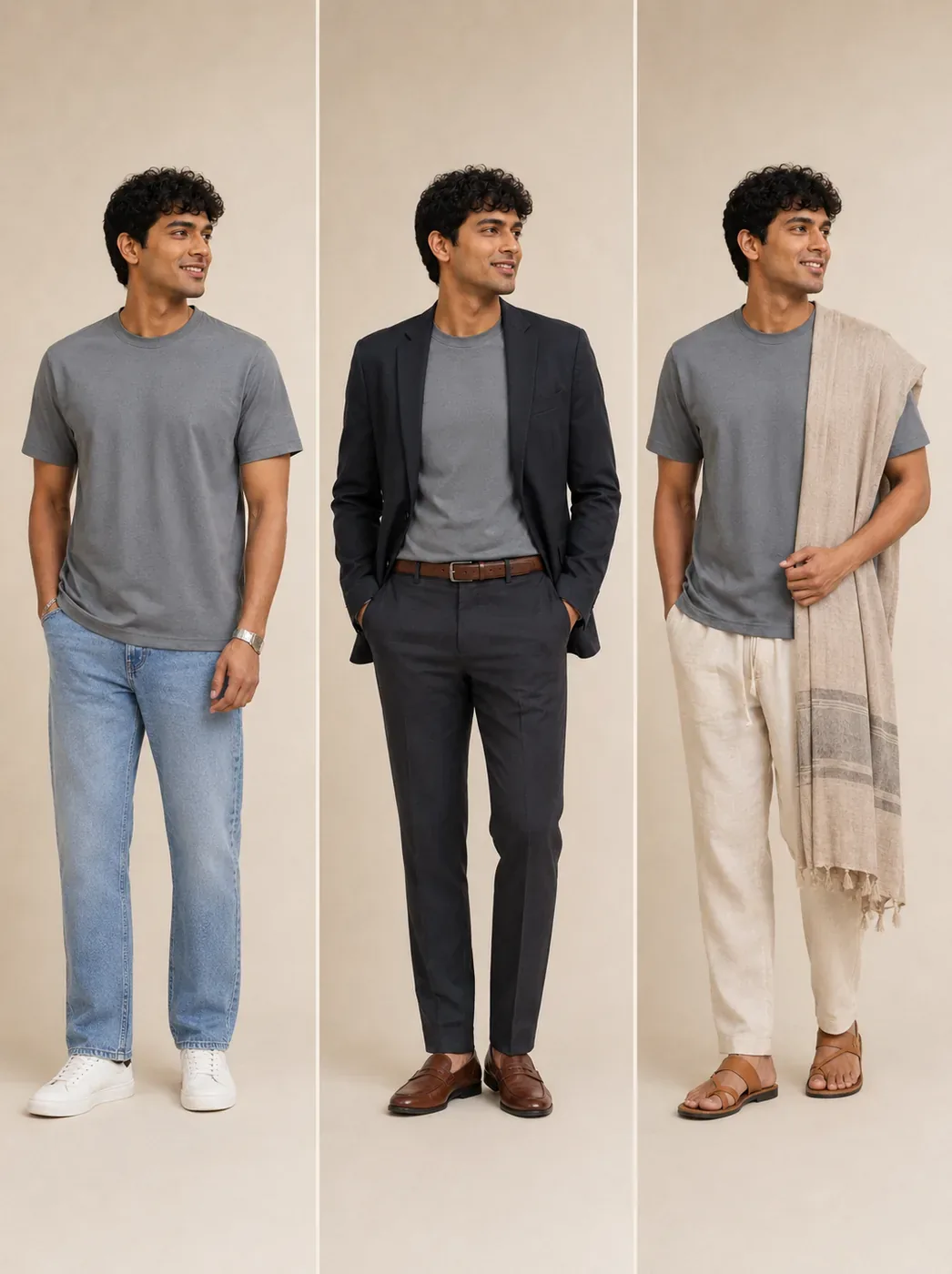 Grey tee outfit variations