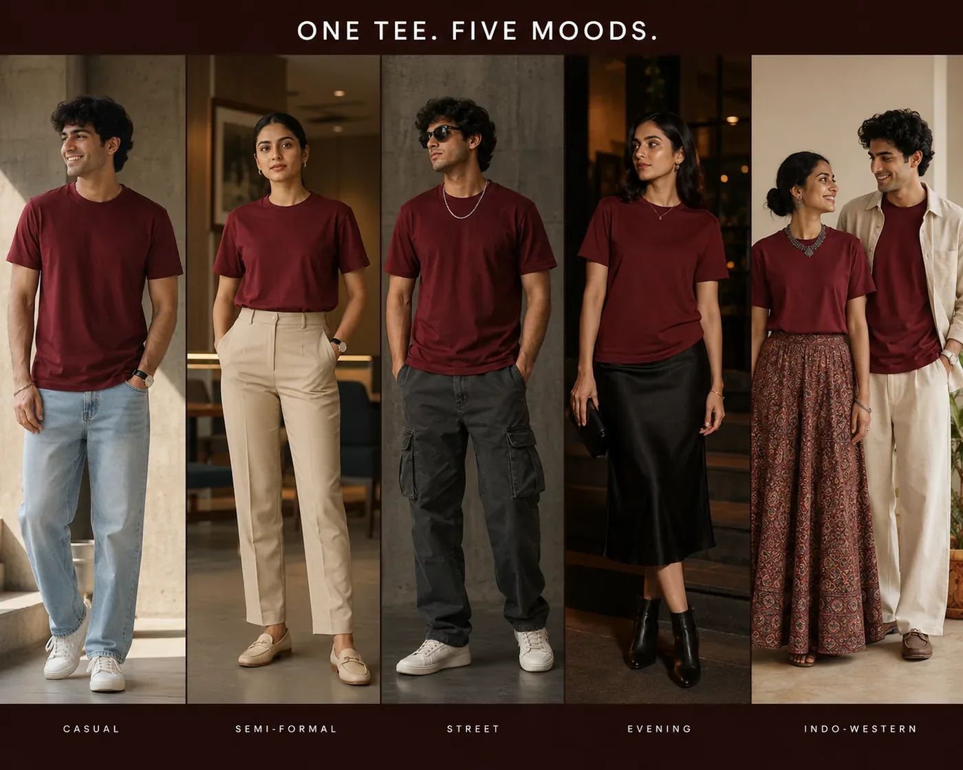Maroon tee styling variations